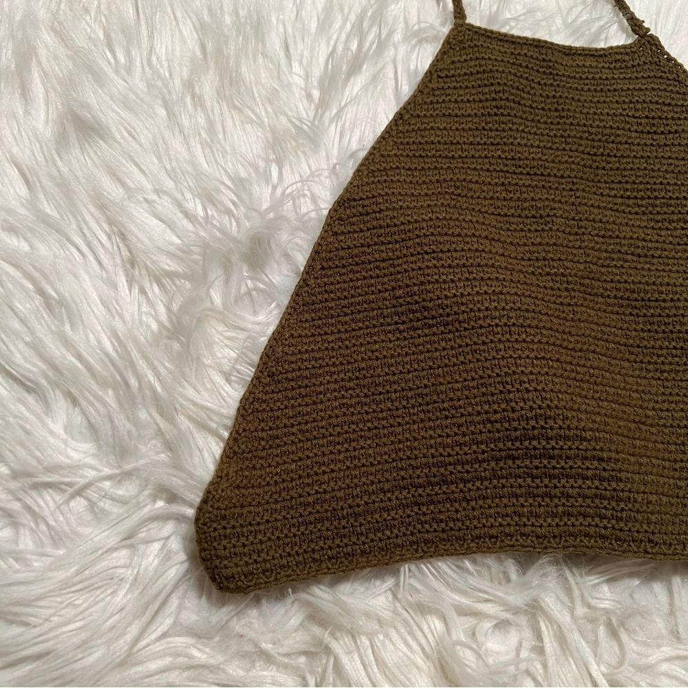 Urban Outfitters Women's Size Medium Backless Crochet Halter Top Olive Green Tie - Picture 4 of 9